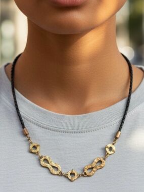 Artisan Hammered Gold Link Pendant Necklace with Black woven Leather Cord